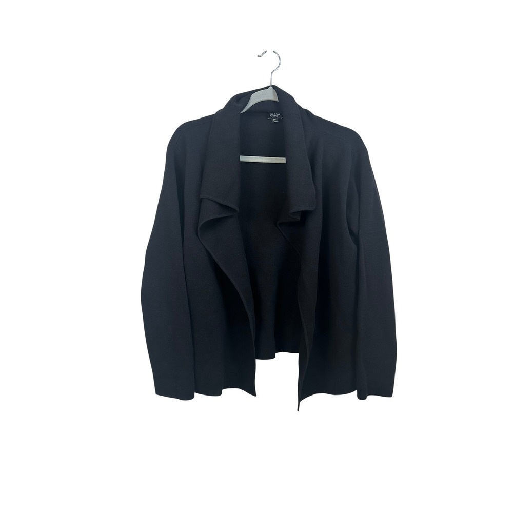 Eileen Fisher Cardigan Sweater Women PM‎ Black Very Good Wool Italian Yarn Open